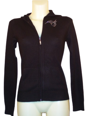 Black Cashmere zip up Hoody with Swirl Crystal Design on Front