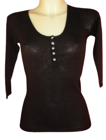 Cashmere Crystal Button 3/4 Sleeve Henley- Black